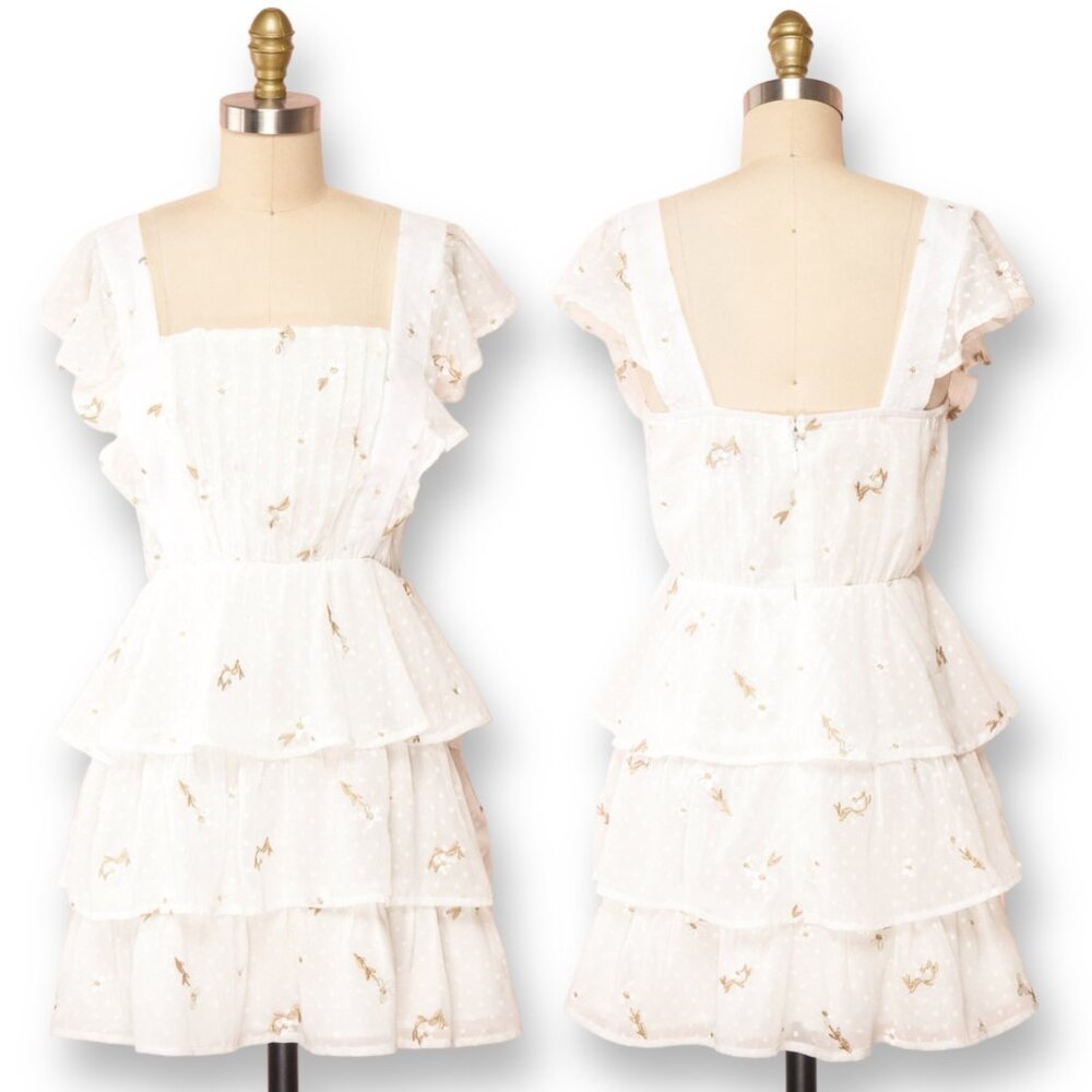 Adelyn Rae White Gold Embroidered Swiss Dot Tiered Ruffle Mini Dress Size L NEW!